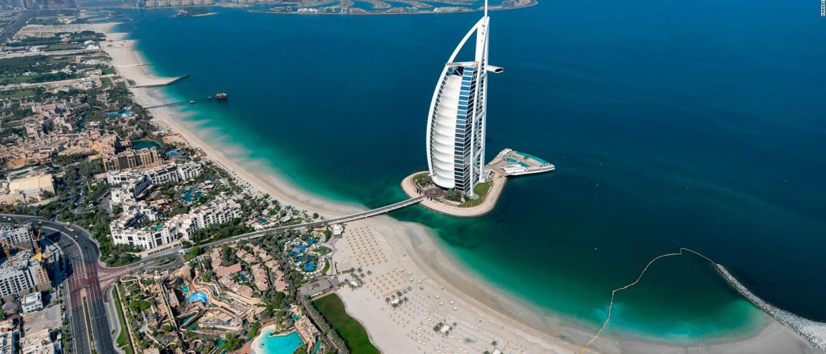 This picture taken on July 8, 2020 shows an aerial view of the Burj al-Arab hotel in the Gulf emirate of Dubai, during a government-organised helicopter tour. (Photo by KARIM SAHIB / AFP) (Photo by KARIM SAHIB/AFP via Getty Images)
